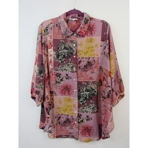 Cynthia Rowley 1X Patchwork Floral Printed Semi Sheer Button Up Blouse Purple